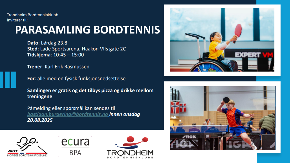 23. august blir det åpen parasamling i bordtennis i Trondheim.