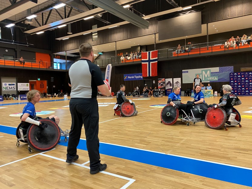 Norge skal spille C-EM i rullestolrugby på hjemmebane. Kampene spilles 10-11. oktober i Skien Fritidspark. Bildet er fra NM-veka på Stjørdal i 2023.